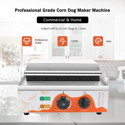 Moongiantgo Máquina Comercial Corn Dog - 6 eenheden 1550 W esdoorn niet oxidabel, temperatuur instelbaar 50-300 °C, temperatuur instelbaar 5 minuten, temperatuur instelbaar van 5 minuten
