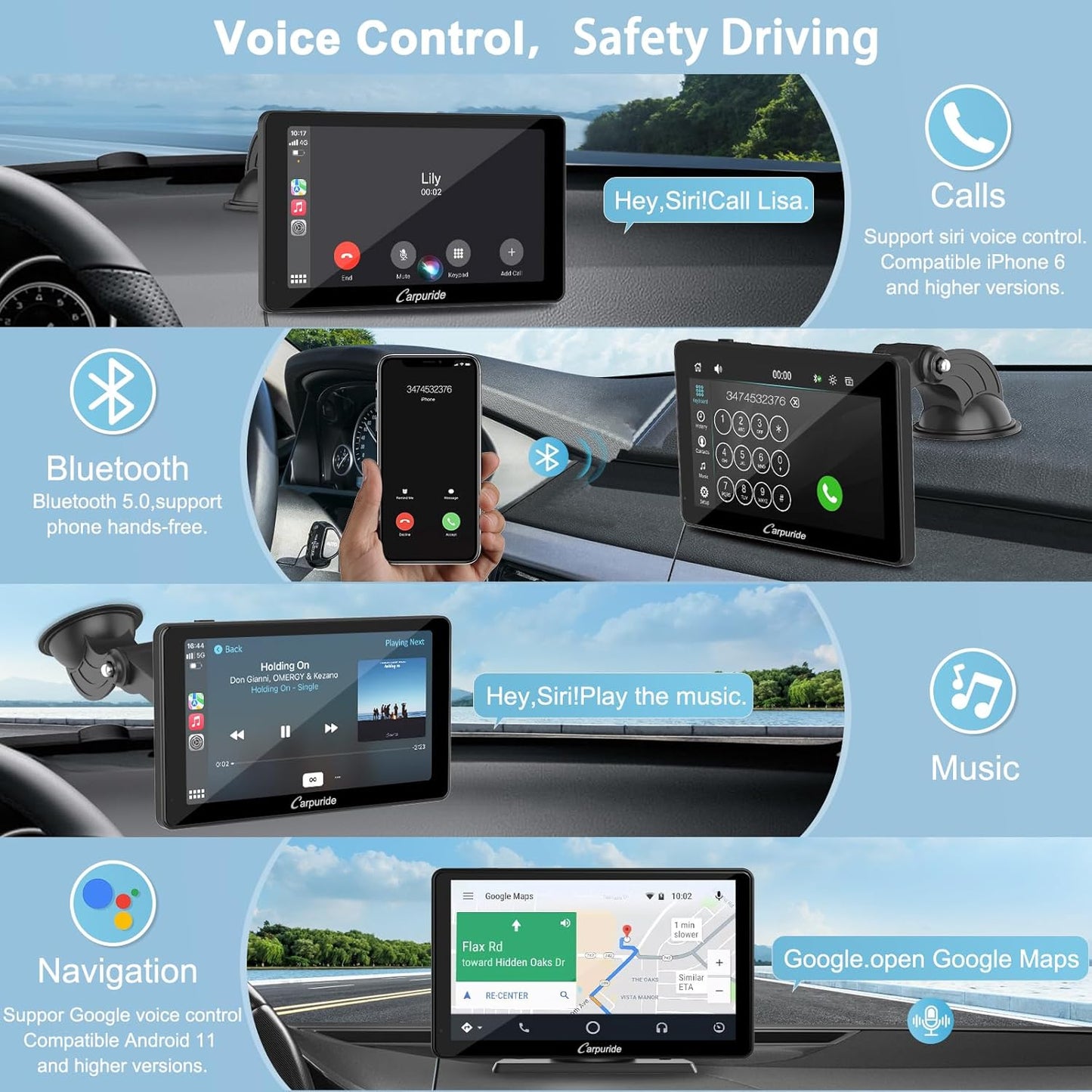 Carpuride C3 Draadloze Carplay & Android autoradio, draagbaar, 7 inch HD touchscreen, stereo ontvanger met AirPlay Link spiegels, bluetooth, navigatie, Siri, FM/AUX.