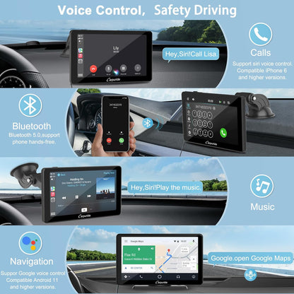 Carpuride C3 Draadloze Carplay & Android autoradio, draagbaar, 7 inch HD touchscreen, stereo ontvanger met AirPlay Link spiegels, bluetooth, navigatie, Siri, FM/AUX.