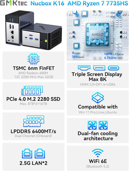 GMKtec K16 Gaming Mini PC AMD Ryzen 7 7735HS (4.75GHz) 32DDR5 RAM +512GB Hard Drive PCle SSD, Dual NIC LAN 2.5G Desktop Computer, Dual USB4, HDMI 2.0, USB-C