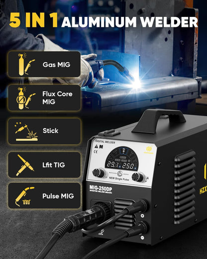 H HZXVOGEN 250A Aluminiumlasapparaat, 230V 5-in-1 professioneel lasapparaat met gas-/gevuld draad MIG/BOOG/TIG/pulslassen, IGBT-inverterlasapparaat met LED-display, MIG250DP