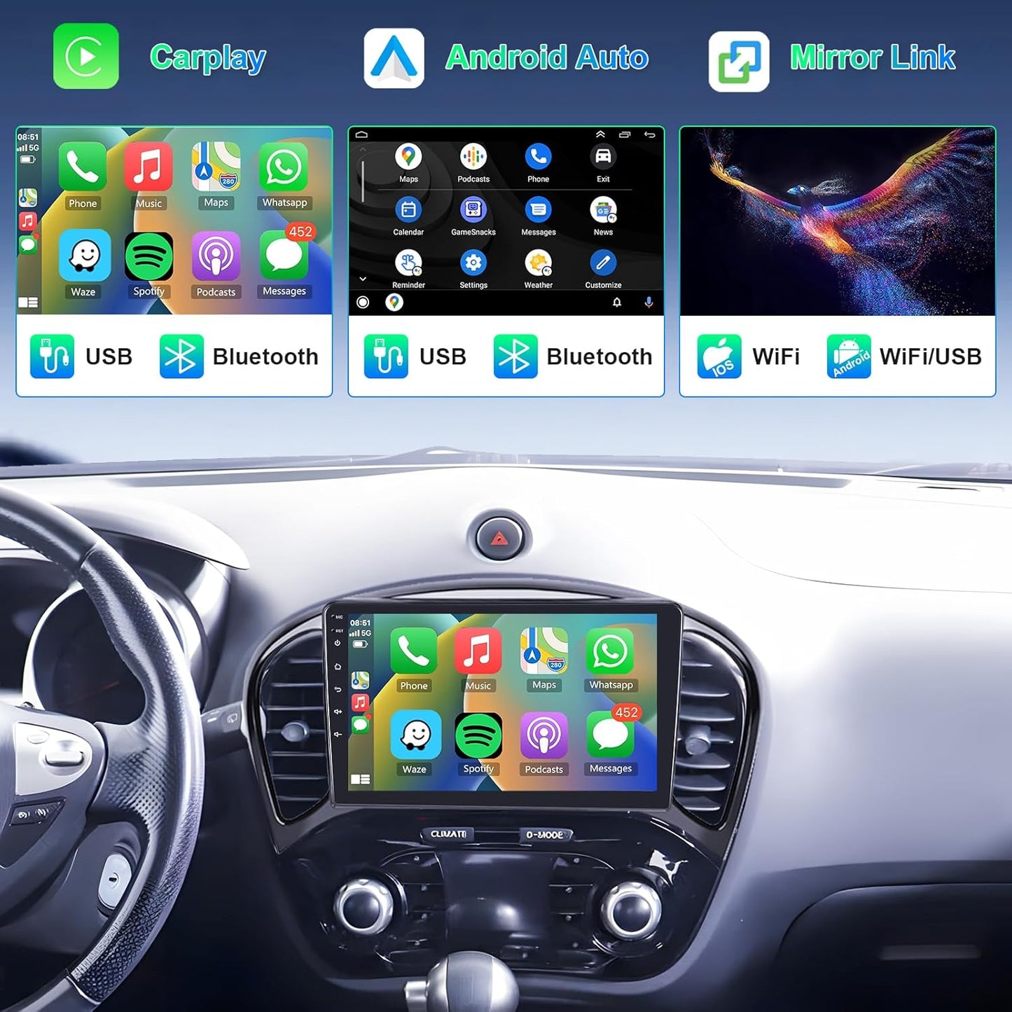 Autoradio – 2-DIN Radio, Multimediascherm, Navigatiesysteem, Touchscreen Radio – Geschikt voor geselecteerde modellen 2010-2019 – 9 Inch IPS Touchscreen – Wireless CarPlay & Android Auto