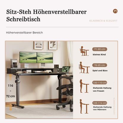 Klicelor Verstelbaar Bureau in Hoogte met Dubbele Lades, Elektrisch Verstelbaar Bureaux in Hoogte, Ergonomisch Sta bureau, 140x60, Zwart