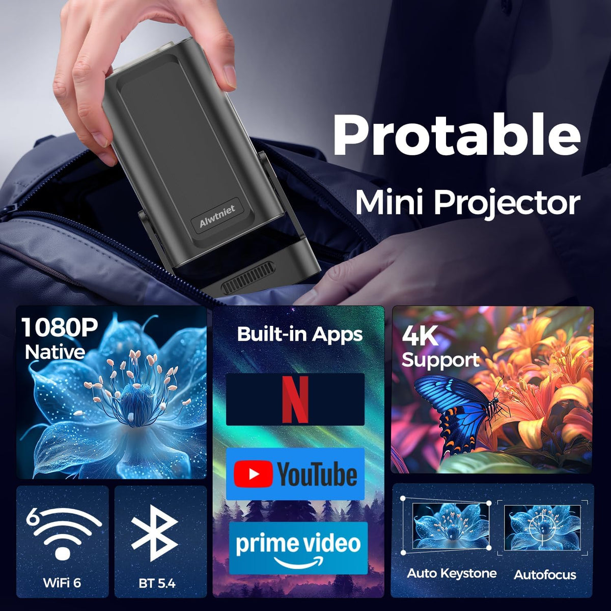 Magcubic Mini Projector 4K met Native 1080P, Draagbare Projector met Android, Autofocus & Keystone-correctie, WiFi 6 & Bluetooth 5.4, 5W Luidspreker, 180° Rotatie, Projector voor Slaapkamer HY310