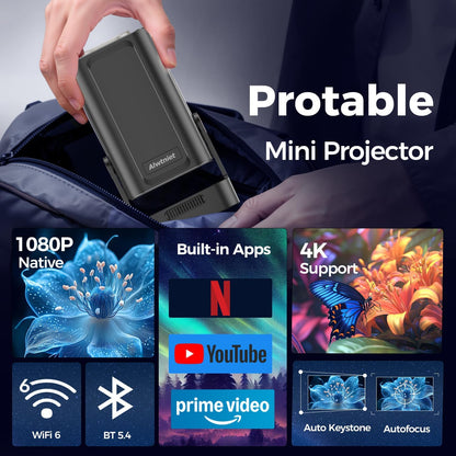 Magcubic Mini Projector 4K met Native 1080P, Draagbare Projector met Android, Autofocus & Keystone-correctie, WiFi 6 & Bluetooth 5.4, 5W Luidspreker, 180° Rotatie, Projector voor Slaapkamer HY310
