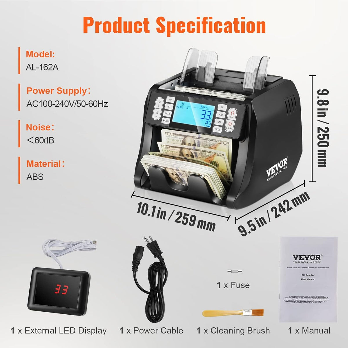 Geldtelmachine – Bankbiljettenteller, Geldteller, Kassabeller, Biljettenteller Voor USD En EUR – UV/MG/IR/DD Valsgelddetectie – 1.200 Biljetten Per Minuut En 500-Biljet Invoerlade