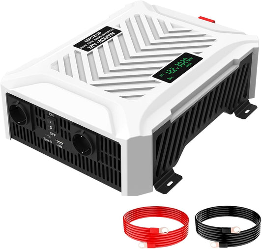 omvormer DC 12V naar AC 230V zuivere sinus 1500W/3000 W Spanningsomvormer met intelligent detectiesysteem, met 2 AC-stopcontacten, 1 type C-aansluiting, 1 USB-poort 5 V 2,1 A & LCD-display