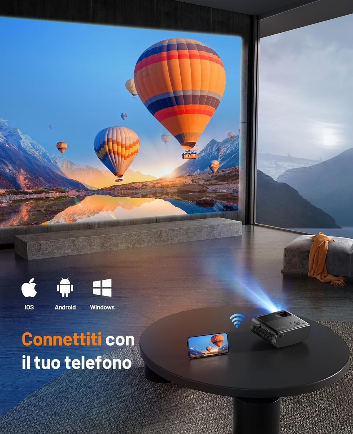 ELEPHAS 2024 WiFi-mini-projector, 15000 lux 1080p HD, draagbare projector, compatibel met iOS/Android/tablet/HDMI/tv-stick/USB (tas en statief inbegrepen)