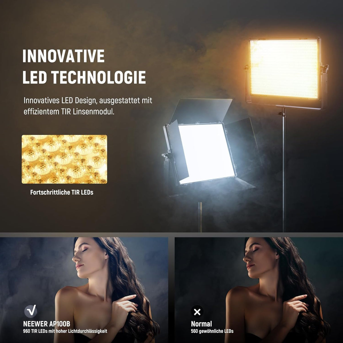 NEEWER AP100B AP100B LED-videolamp, tweekleurig, 100 W, 960 LEDs 38600Lux@0,5 m, 2500 K-8500 K, CRI96+/TLCI97+, dimbaar, 0-100% besturing app/2,4 G/paneel/DMX voor fotografie, studio, podiumopname