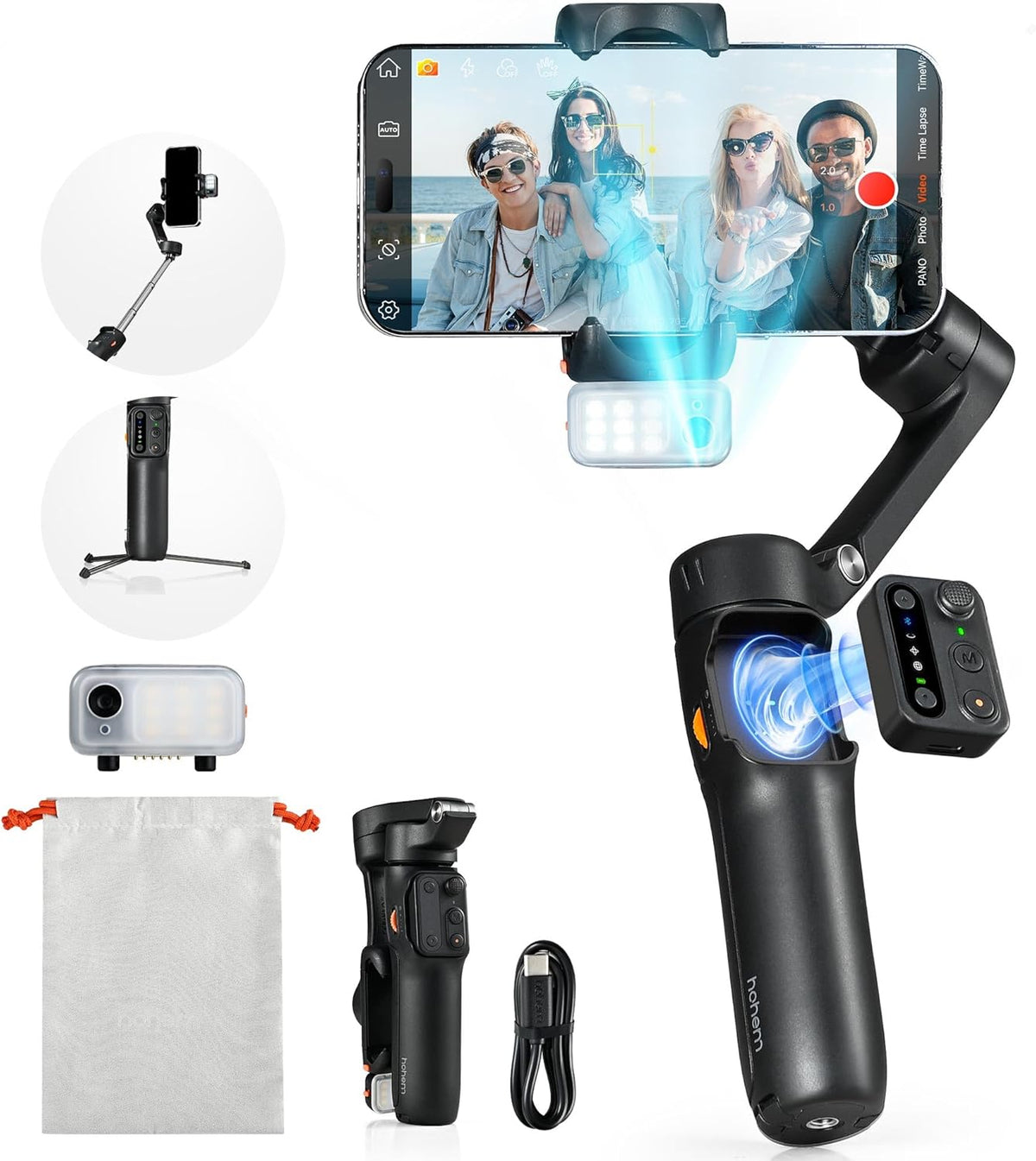 hohem iSteady V3 Gimbal Smartphone, geüpgraded 3-assige gimbal stabilisator, magnetische AI-tracker, afneembare controller, ingebouwde verlengpool en tripod, opvouwbare stabilisator voor live