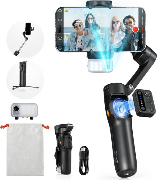 hohem iSteady V3 Gimbal Smartphone, geüpgraded 3-assige gimbal stabilisator, magnetische AI-tracker, afneembare controller, ingebouwde verlengpool en tripod, opvouwbare stabilisator voor live