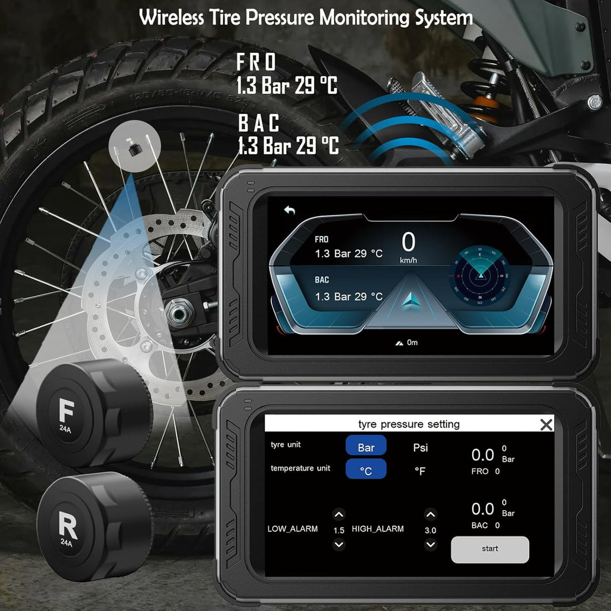 ydi Waterdichte motorfiets dashcam met draadloze CarPlay & Android Auto, 5" IPS-aanraakscherm, camera voor en achter, HD 1080P, TPMS, Bluetooth, Wi-Fi, GPS, max. 256 GB