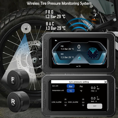 ydi Waterdichte motorfiets dashcam met draadloze CarPlay & Android Auto, 5" IPS-aanraakscherm, camera voor en achter, HD 1080P, TPMS, Bluetooth, Wi-Fi, GPS, max. 256 GB