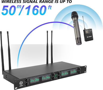 Draadloos Microfoonsysteem – Draadloze Microfoonset – UHF Microfoonset – Microfoonset Voor Podium – Microfoonset Voor Karaoke – 8-Kanaals Met 4 Handmicrofoons En 4 Bodypacks – 24-Bit/96 kHz Audio En <5 ms Vertraging