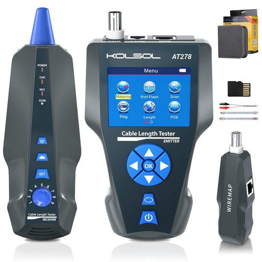 Netwerkkabeltester – Kabeltester – Kabeltracker – Kabelzoeker – Netwerkkabellocator – Voor RJ45, RJ11 en BNC – TDR Kabellengtemeting en PoE Detectie