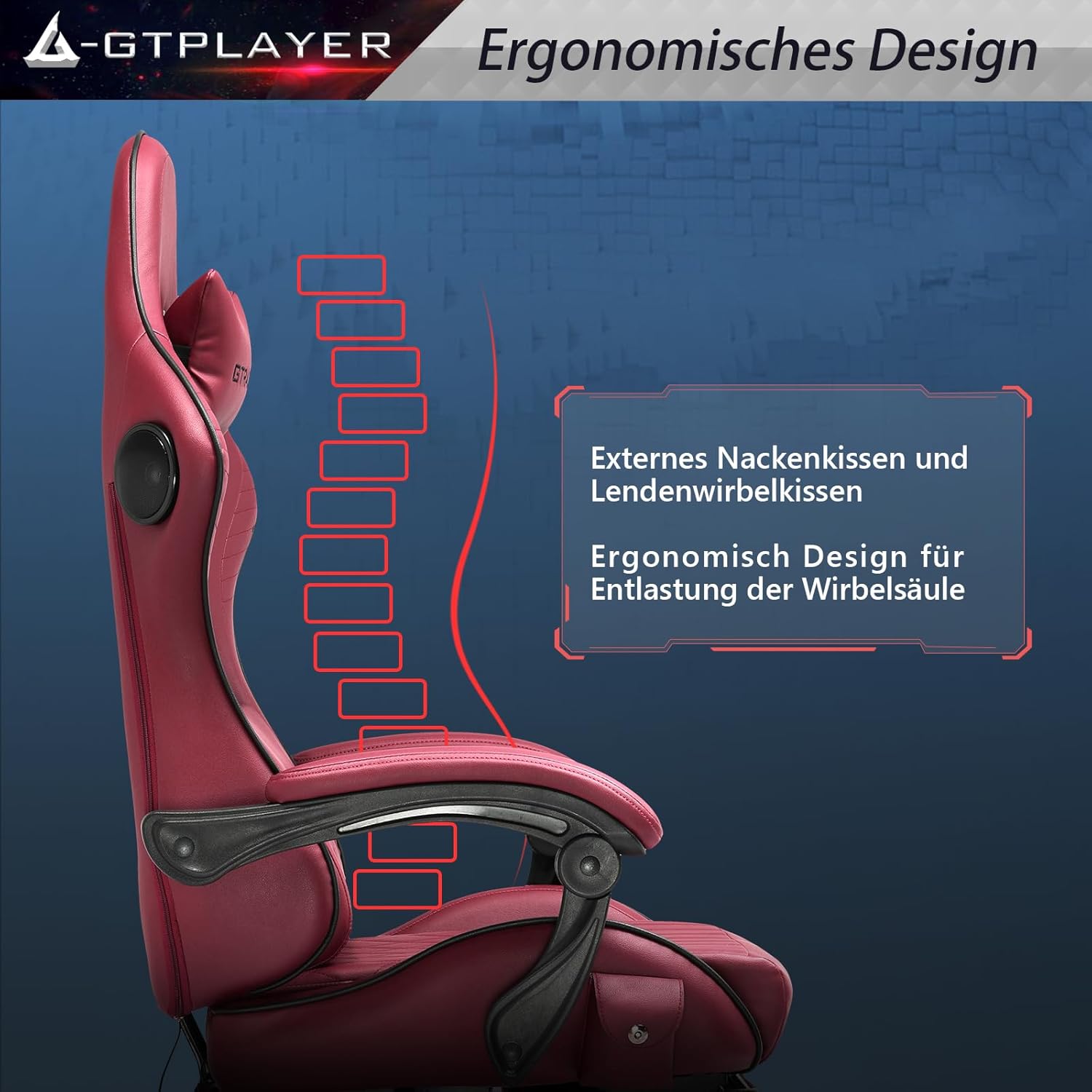 GTPLAYER Ergonomic Gaming Chair, Office Chair, Racing Chair with Footrest and Speakers, Load Up to 150 kg, Red - QUORE