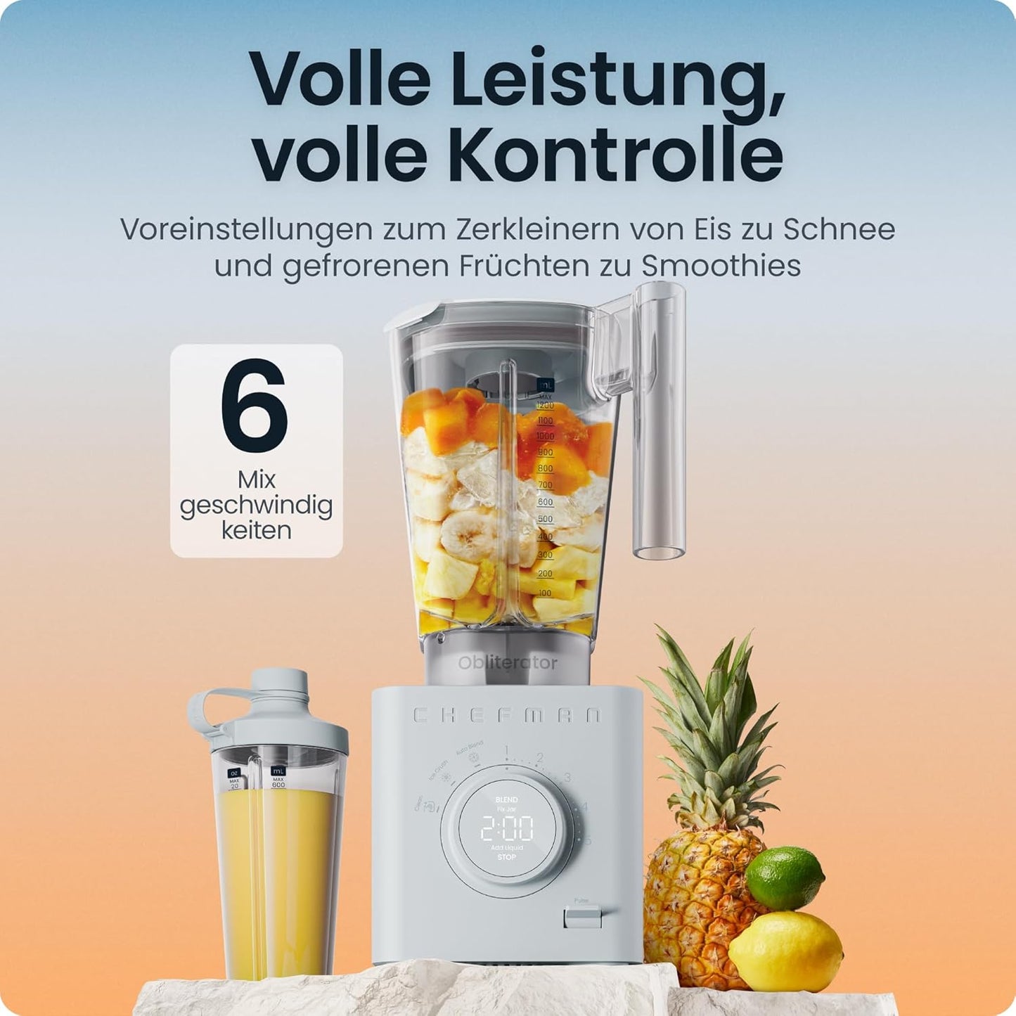 Chefman Obliterator 1,2 l blender voor smoothies, 1350 W motor voor het malen van ijs, noten en bevroren vruchten met roestvrijstalen lemmet, Auto Blend functie, incl. 600ml reiscontainer - betongrijs