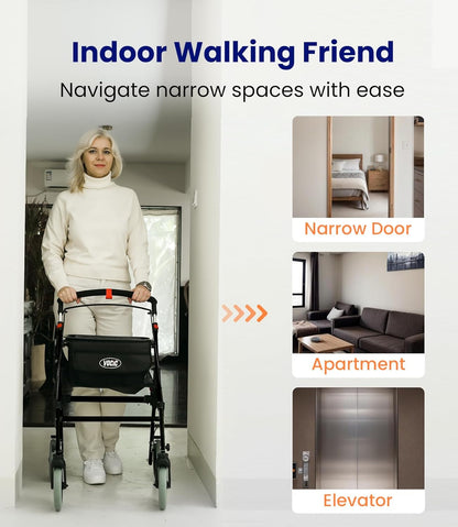 VOCIC Z32 Rollator Smal voor Appartement, Indoor Opvouwbaar en Licht, Stabiele Woning Rollator met Spoel Stille Antislip Banden, Dienblad, Zwart|5 jaar