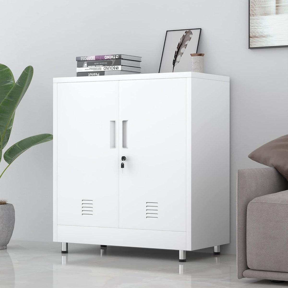 Metalen opbergkast met afsluitbare deuren en verstelbare plank, klein dressoir afsluitbare zijkast voor thuis, kantoor, hal, entree, woonkamer, eetkamer (wit)