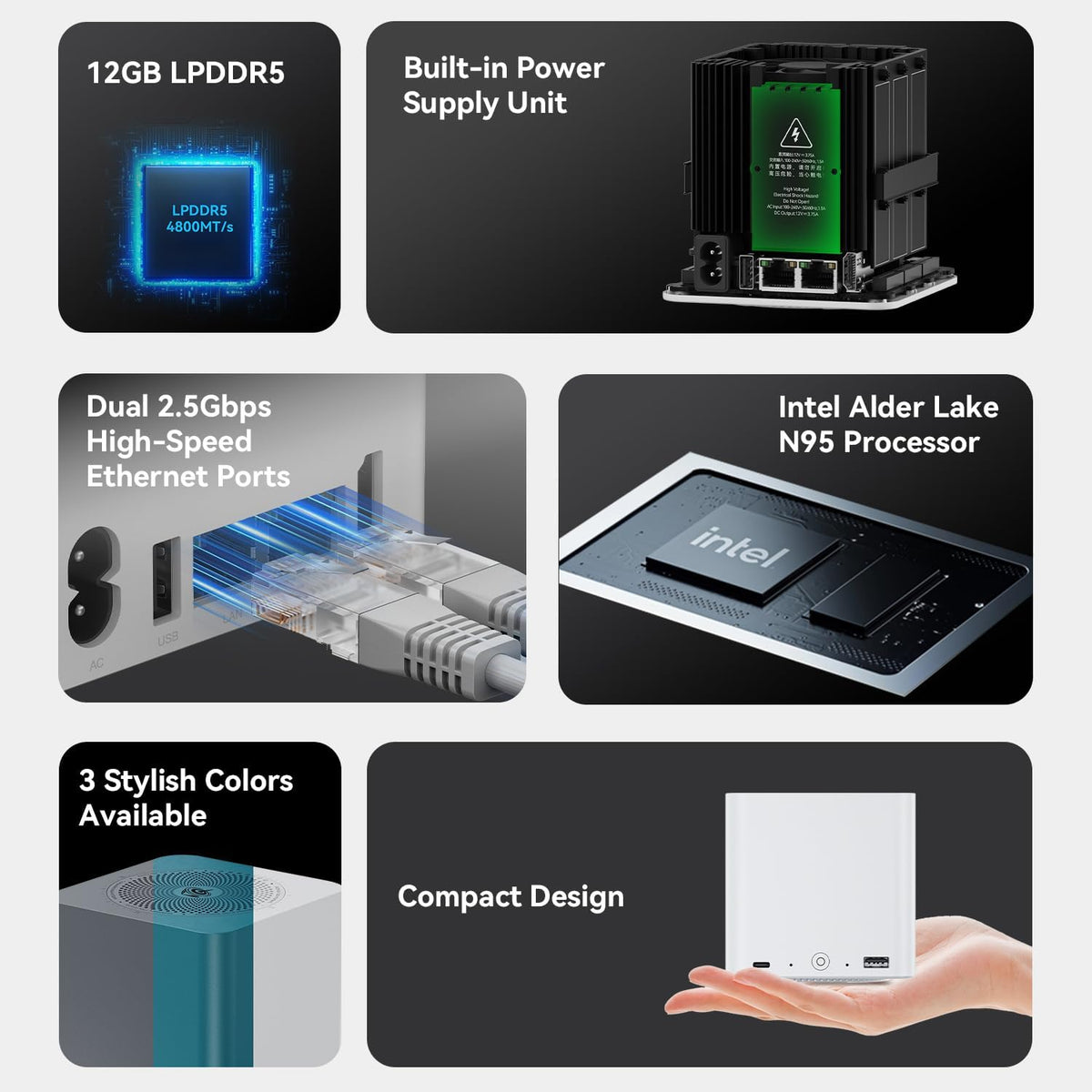 Beelink ME Mini PC, Desktop NAS, Intel Alder Lake N95 (4C/4T, up to 3.4GHz), 12GB LPDDR5, 64GB M.2 SSD, Mini Computer, 6 M.2 SSD Slots, WLAN 6, Bluetooth 5.2, Dual LAN 2.5GHz - QUORE