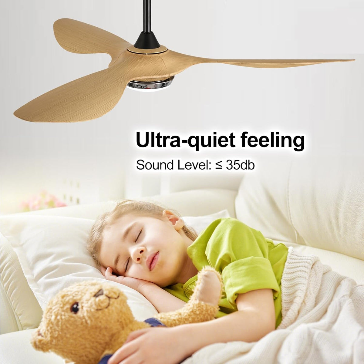 reiga 132cm Moderne Binnenplafondventilator met Lampen en Afstandsbediening, 3 ABS-bladen in Origineel Houtkleur, Dimbaar LED-verlichting, Werkt met Alexa/Smart Life