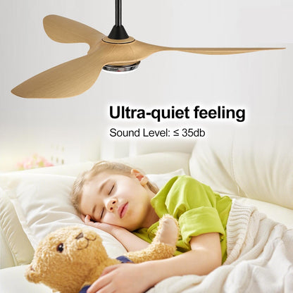 reiga 132cm Moderne Binnenplafondventilator met Lampen en Afstandsbediening, 3 ABS-bladen in Origineel Houtkleur, Dimbaar LED-verlichting, Werkt met Alexa/Smart Life