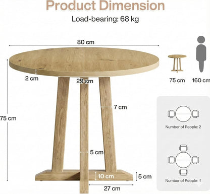 Ronde Eettafel – Eetkamertafel – Dining Table – Houten Eettafel – Kleine Keuken Tafel – Compact 80 cm Diameter – Duurzaam MDF Met Houtfineer