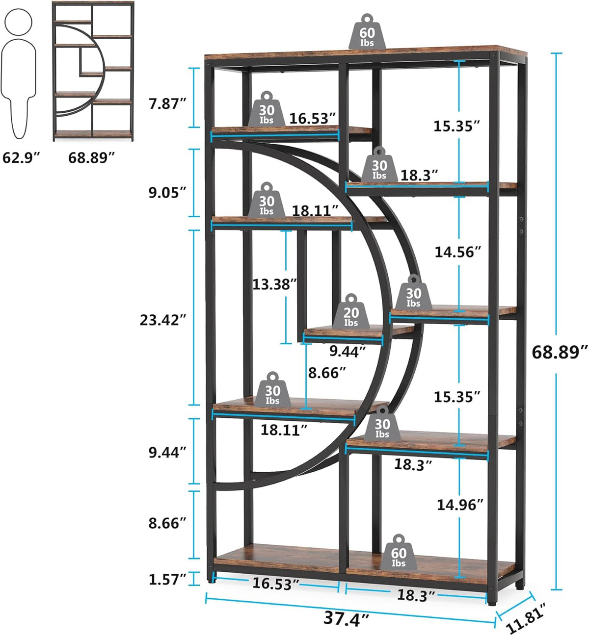 Tribesigns Bookshelf, Industrial 5 Tier Shelf Bookcase, Freestanding High Bookshelves Display Shelf Storage Organizer with 9-Open Storage Shelf for Living Room, Bedroom