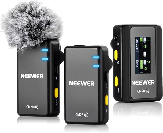 NEEWER CM28 Draadloos lavaliermicrofoonsysteem, 1 klik ruisonderdrukking, 4 GB geheugen voor 9 uur 48 kHz 16 bit niet-gecomprimeerde audio, microfoon compatibel met iPhone/Android/PC/camera/iPad