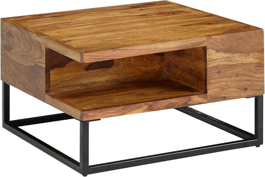 FineBuy Coffee Table Solid Sheesham Wood and Metal 60x60x34.5cm Coffee Table Brown | Square Table Living Room Modern with Storage | Small Side Table Living Room Table - QUORE