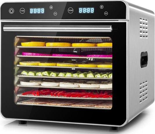 Kwasyo Voedseldroger van roestvrij staal, 0,67 m², 8 roestvrijstalen tablets, led-display, 24-uurs timer, instelbare temperatuur 35 °C - 85 °C, voor vlees, groenten en fruit