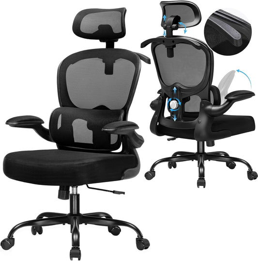 COMHOMA Ergonomic office chair, chair with 3D headrest and lumbar support, integrated design with clothes rack, folding armrests, padded seat made of breathable mesh