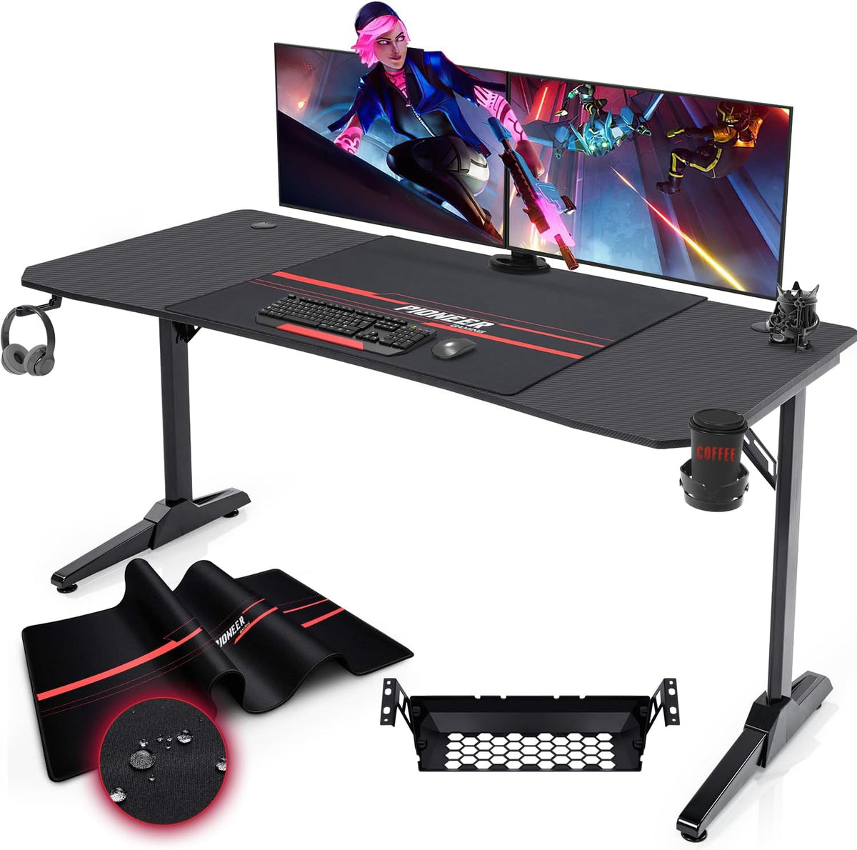 Devoko Gaiming Tafel 140 cm, gamingbureau, gamer, computertafel, ergonomisch pc-bureau met kabelopbergdoos, bekerhouder en hoofdtelefoonhouder, T-vormig (zwart, 140 x 60 x 75 cm)