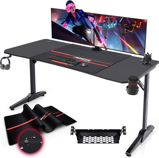 Devoko Gaiming Tafel 140 cm, gamingbureau, gamer, computertafel, ergonomisch pc-bureau met kabelopbergdoos, bekerhouder en hoofdtelefoonhouder, T-vormig (zwart, 140 x 60 x 75 cm)