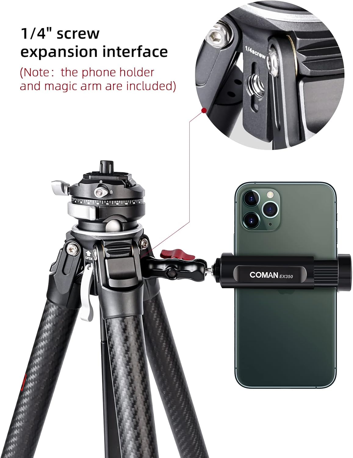 COMAN Zero F38 koolstofvezel statief met 360° panoramische kogelkop en F38 videostatief voor DSLR-camera's, lichtgewicht met hoogte