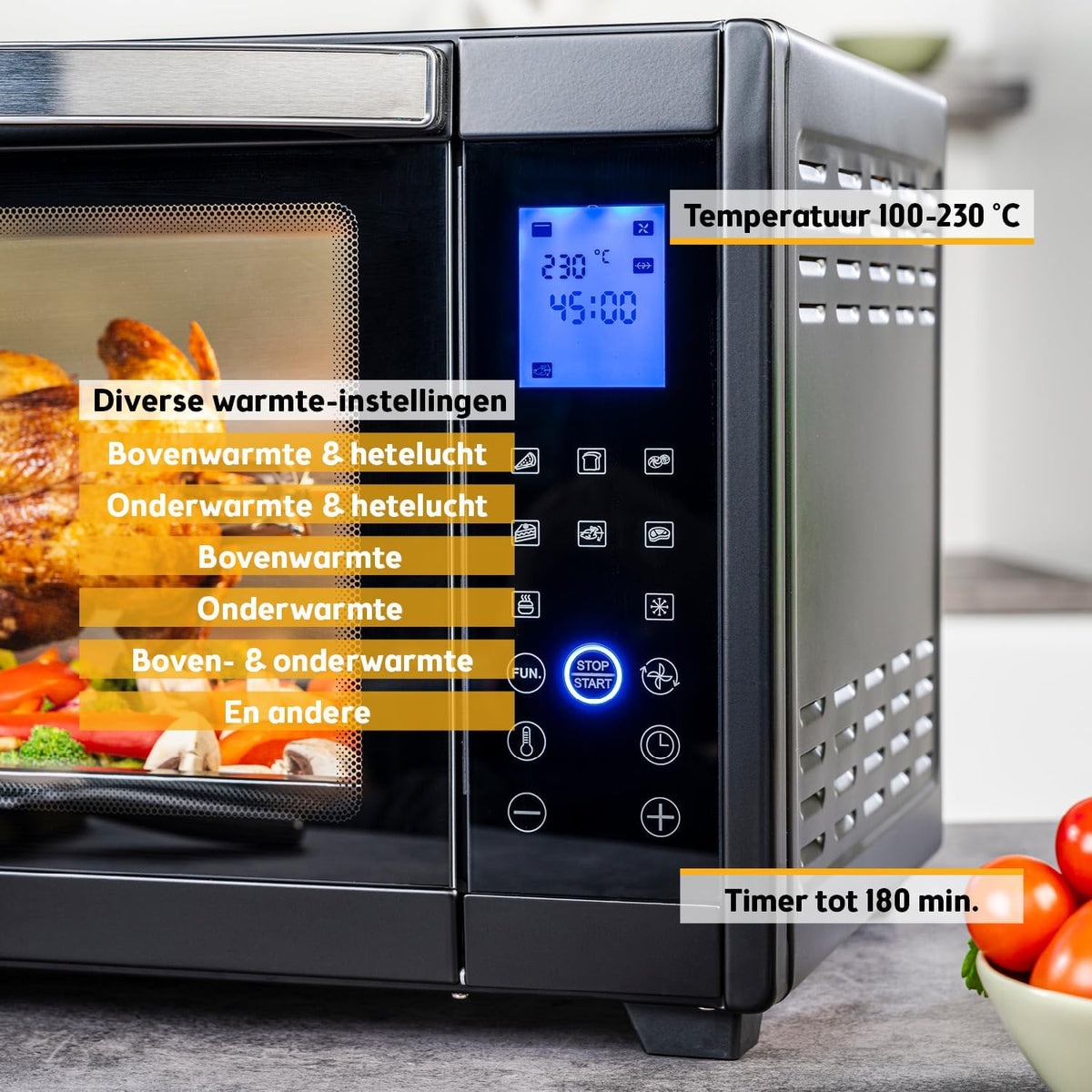 TZS First Austria - Minibakoven digitaal 30L 1600W - Mini Oven traploze temperatuurregeling tot 230°C - Minioven 60 m timer, 3 inschuifhoogtes, bakplaat & grillrooster - Voor kleine keukens & kamperen