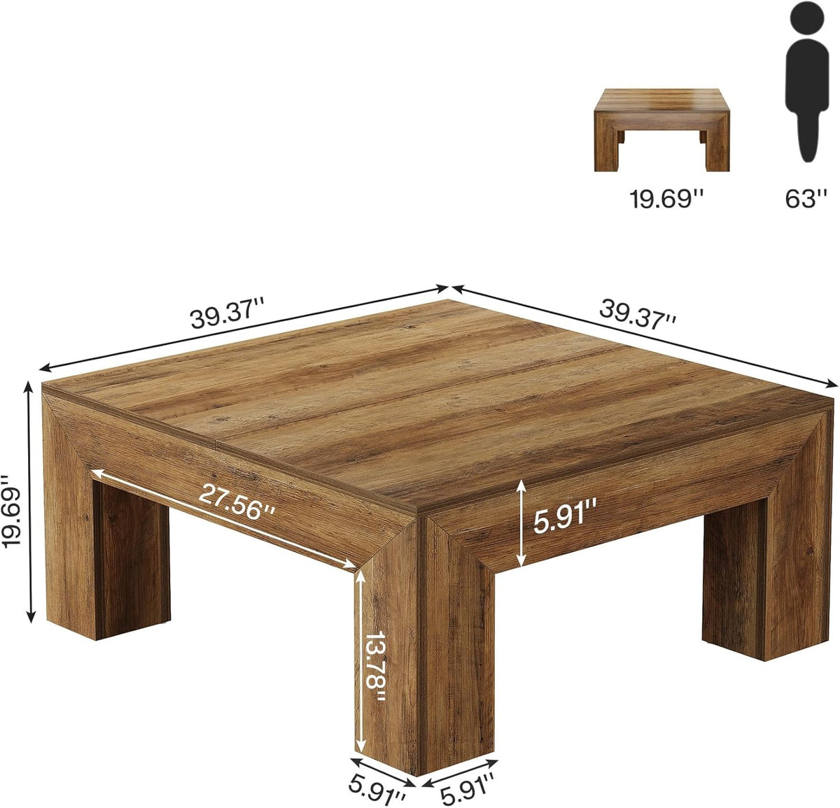 Tribesigns Coffee Table, Square Living Room Table, Coffee Table with Stable Wooden Legs for Sofa, Bedroom, 100 x 100 x 50 cm, Rustic Brown