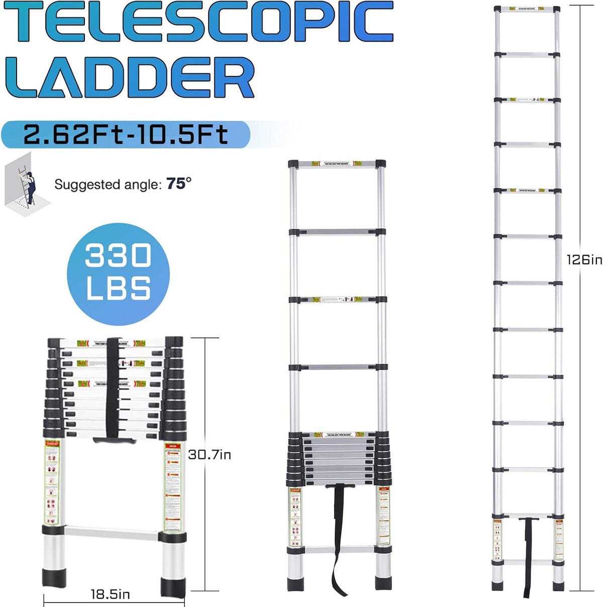 Rikade Telescopische ladder en zolderladder, 3,2 m, robuust aluminium met antislipvoeten, 150 kg capaciteit voor camper, zolder, dak en multi-oppervlak gebruik