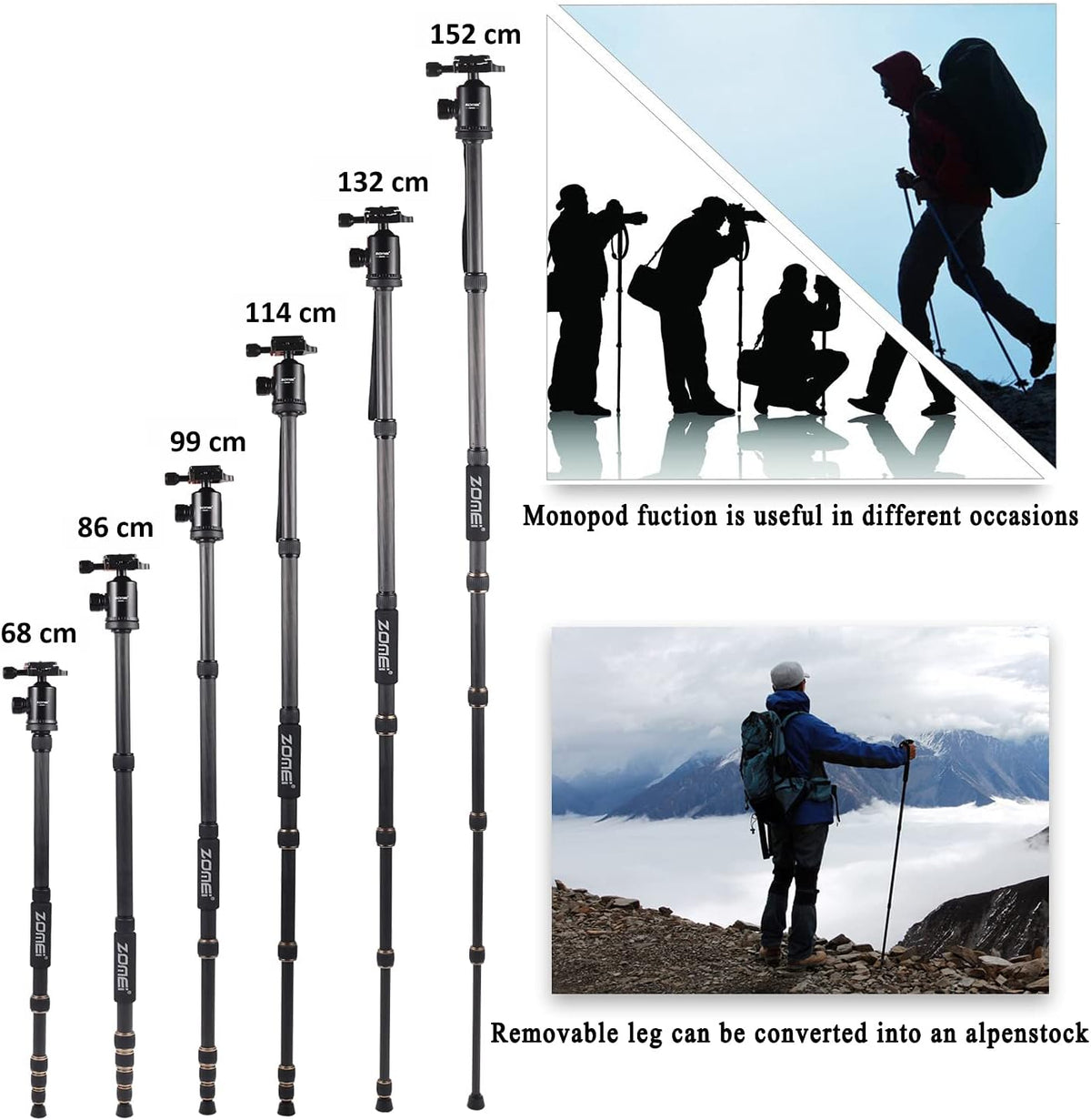 ZOMEi Camerastatief Z669C 151 cm met kogelkop van koolstofvezel carbon, professioneel lichtgewicht statief, reisstatief, monopod