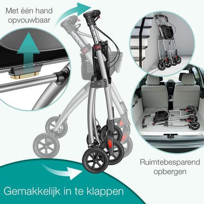 ELONEO Lichtgewicht Rollator voor Binnen - 54 cm Breed, Opvouwbaar Looprek met Dienblad en Stoffen Mandje, Smalle Rollator van Aluminium, Inklapbaar Mobiliteitshulpmiddel, Zilver