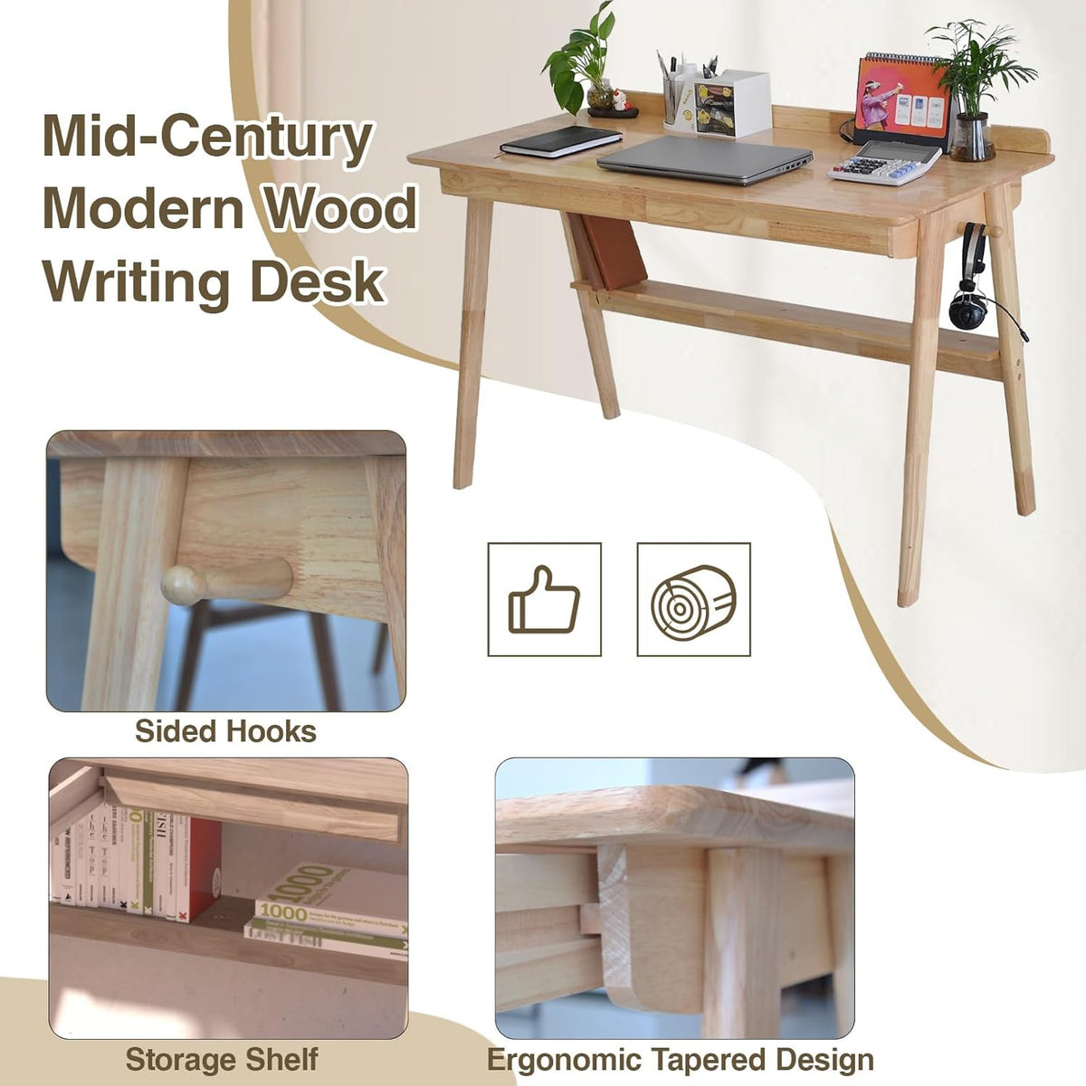 Massief Houten Bureau, Mid-Century Modern Design, Met 2 Lades en Onderplank, Ideaal voor Thuiskantoor (Houtkleur, 120 * 60)