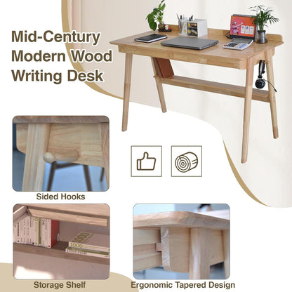 Massief Houten Bureau, Mid-Century Modern Design, Met 2 Lades en Onderplank, Ideaal voor Thuiskantoor (Houtkleur, 120 * 60)