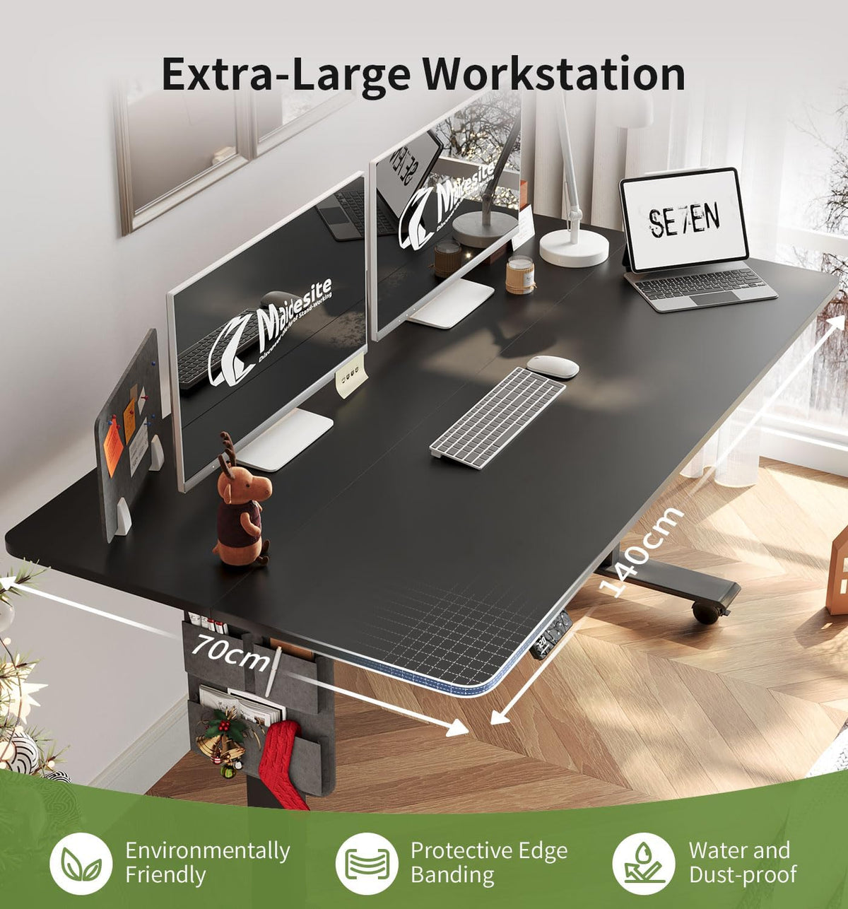 MAIDeSITe In Hoogte Verstelbaar Bureau (140 x 70 cm) Gemakkelijk te Monteren Bureau in Hoogte Verstelbaar Elektrisch met 4 Geheugenknoppen en Memoboard en 360° Wielen Bureau SN1
