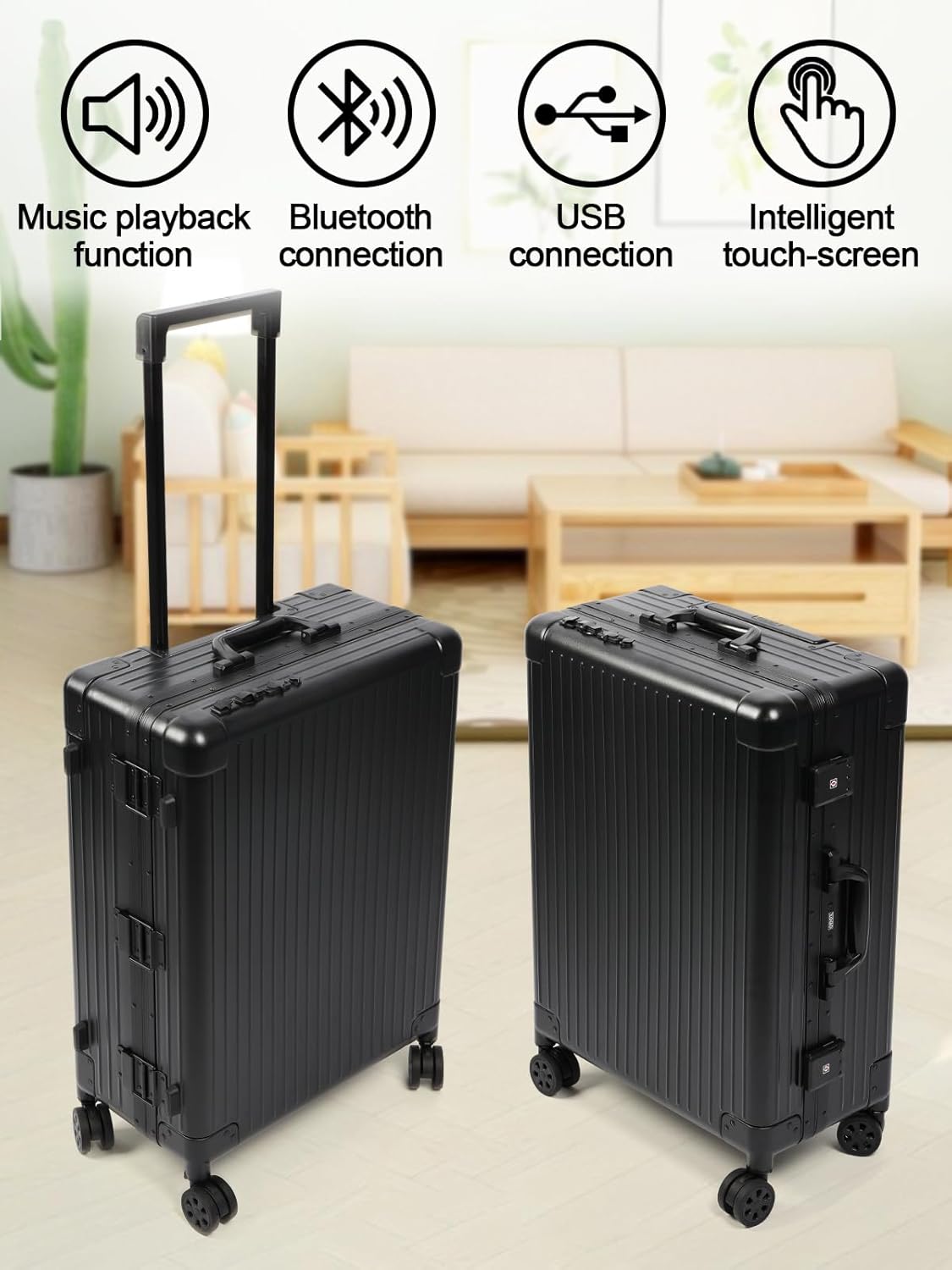EBANKU Professionele Make-upkoffer, PC Rolling Makeup Travel Case Trolley Cosmetic Case met Verlichte Spiegel en Bluetooth, Cosmetic Case Hairdressing Trolley, 4 Weergaveknoppen(Zwart)