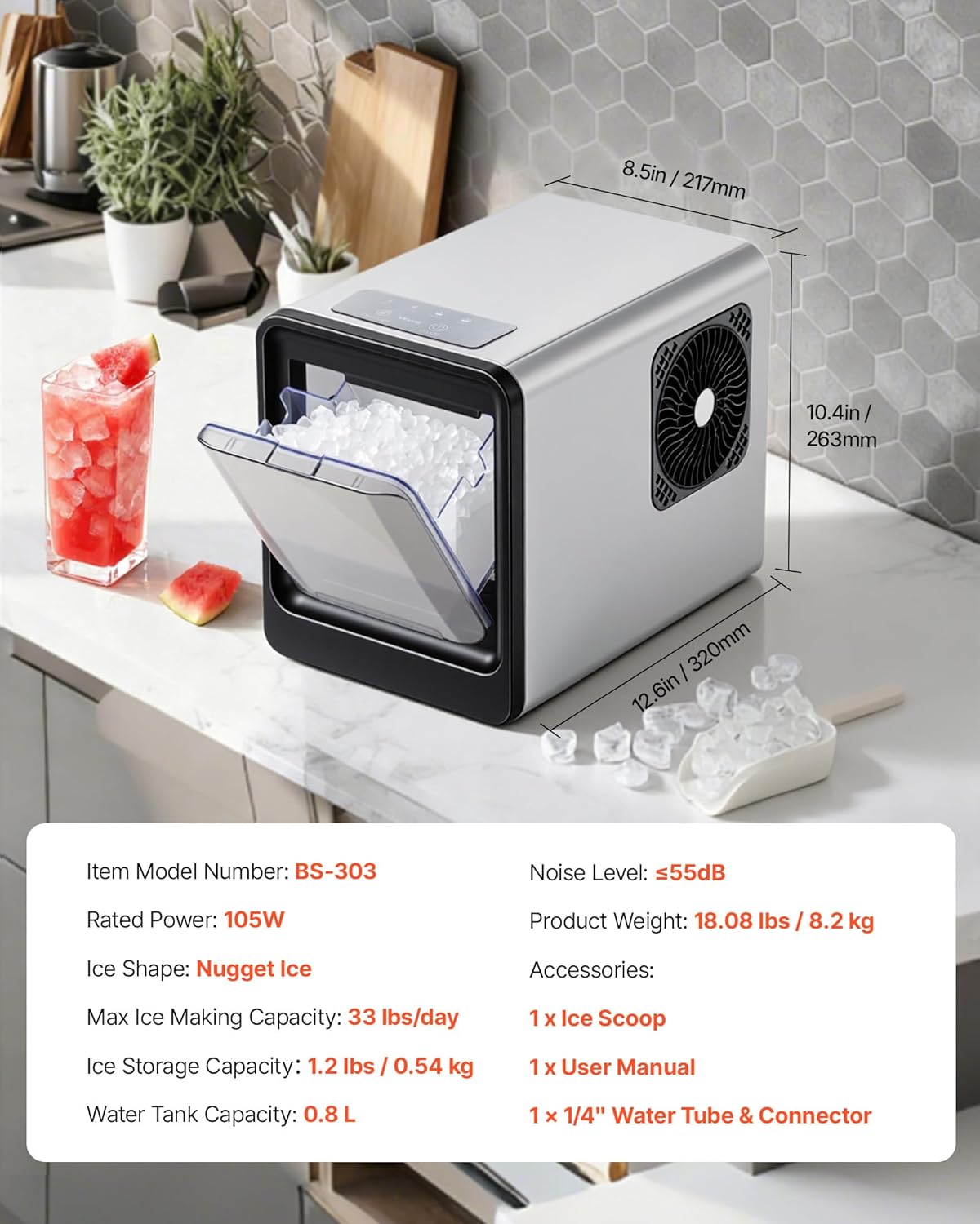 VEVOR Tafelijsmachine, 15 kg per dag, zelfreinigende ijsblokjesschaal met schepje, ijsblokjesmachine voor thuis, keuken, kantoor, bar, party, drankjes