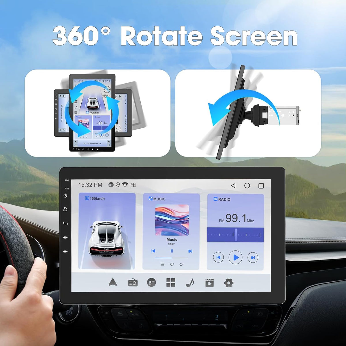 Haudio 360° Draaibare Autoradio, 1 DIN Bluetooth Stereo met Draadloze Carplay & Android Auto, 10.1 inch IPS Touchscreen Carplay met Spiegellink,Stembediening, RDS/FM/AM Radio, 720P Achteruitrij Camera
