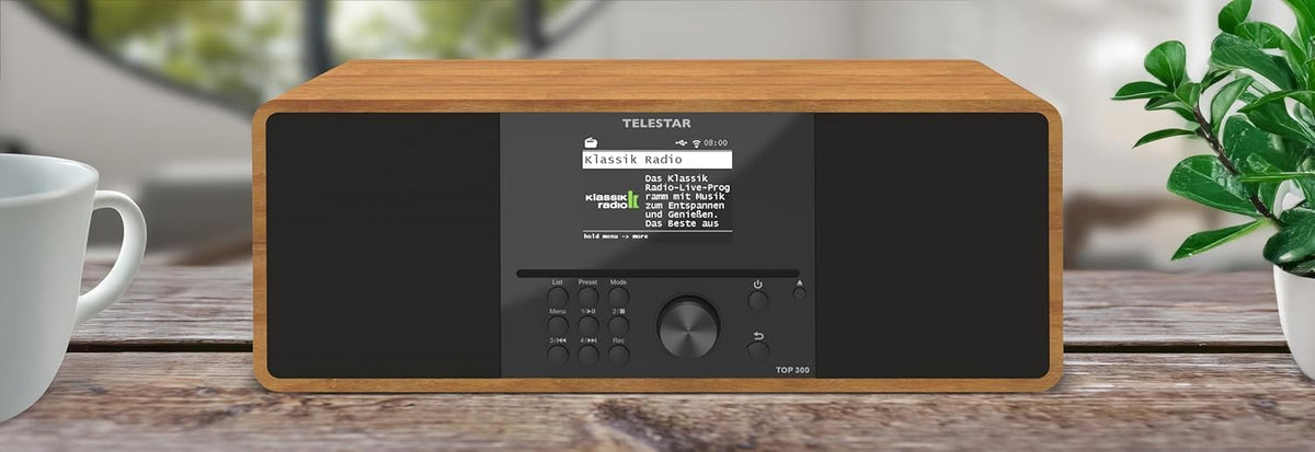 TELESTAR TOP 300 – DAB+/internetradio met cd-speler (stereo, 2 × 15 W, streamingdiensten, Bluetooth zend-/ontvangstfunctie, USB-opname, noodwaarschuwingssysteem) – hout