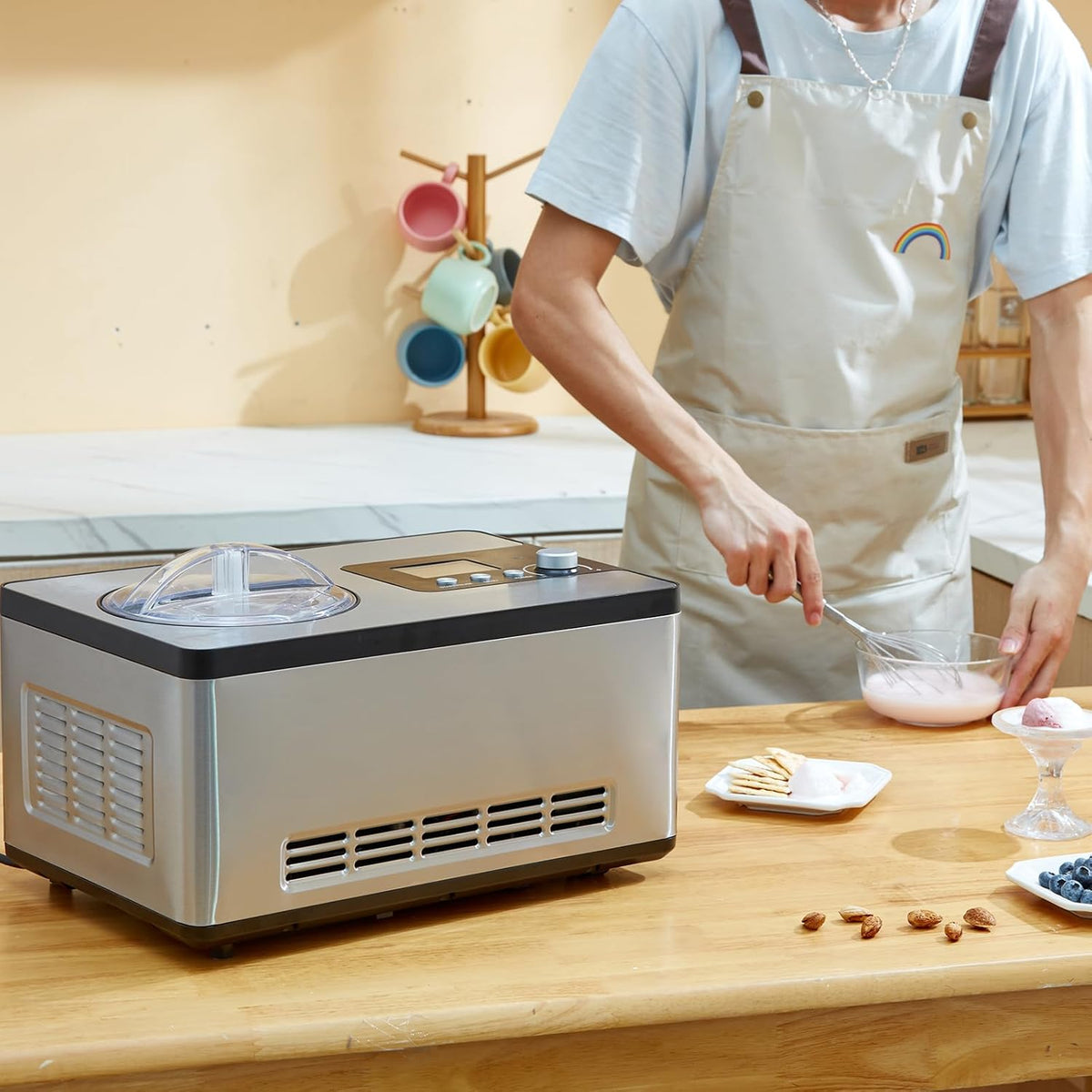VEVOR Compressor ijsmachine, ijsmachine, 2 l, 180 W, Frozen yoghurtbereider, 3 modi, yoghurtmachine, huishouden, draagbare ijsmachine, sorbet gelato, geluidsarm, zilver, elektrisch