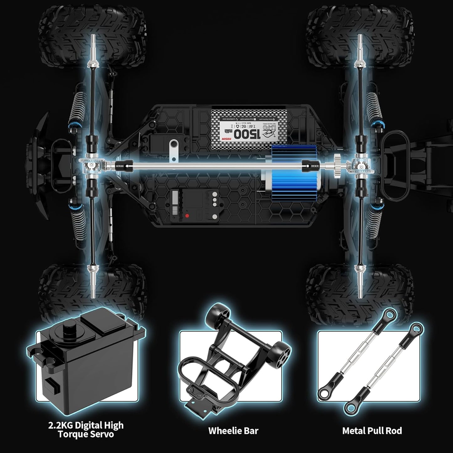 Hosim 1:10 op afstand bestuurde auto, snel met verlichting, RC auto's, offroad, 48+ km/h, Hobby Grade Drift RC Monster Truck met 2 accu's 40 + min speeltijd, voor kinderen en volwassenen (X06, zwart)