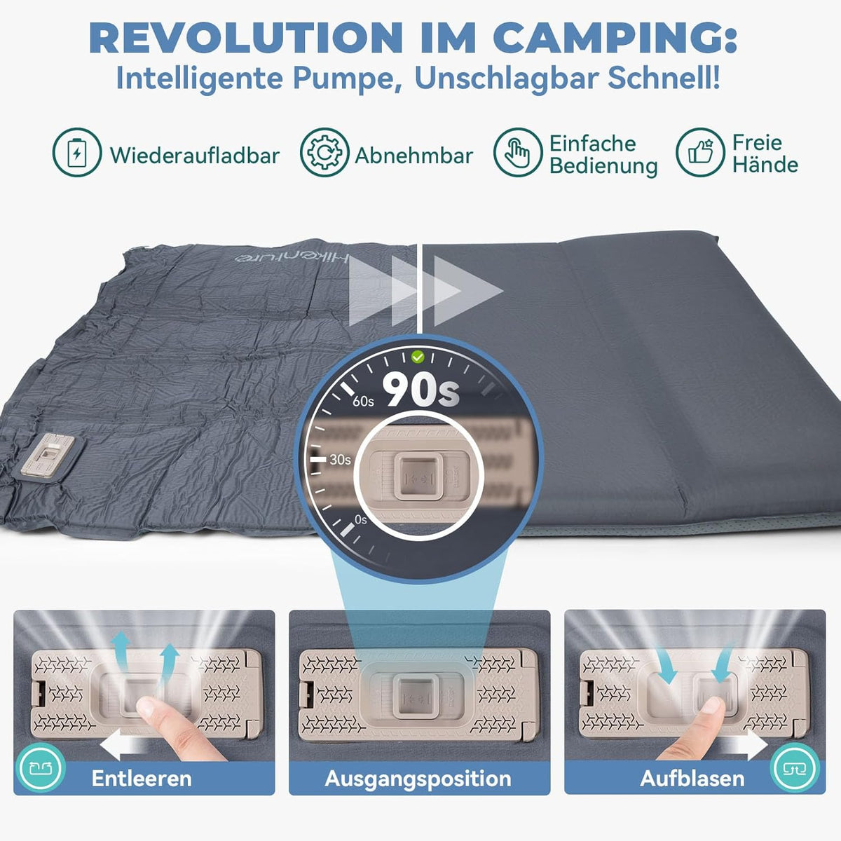 HIKENTURE Dubbele slaapmat, zelfopblazend met ingebouwde elektrische pomp, 8 cm dik campingmatras van schuim, zelfopblaasbare luchtmatras met kussen, slaapmat voor outdoor, tent, auto - B1